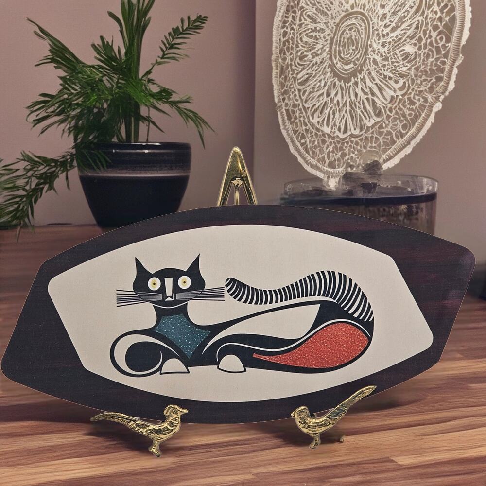 Mid Century Modern Atomic Cat Wall Art Plaque Vintage Faux Teak 12x5.5
